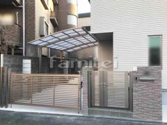 親子両開き 門扉 LIXIL AB YS1型 太横桟 カーポート1台+延長 (1.5台縦連棟) LIXIL ネスカR アール屋根 1台 跳ね上げ門扉ゲート LIXIL オーバードアS3型 土間コンクリート 土間コンクリート シンプル